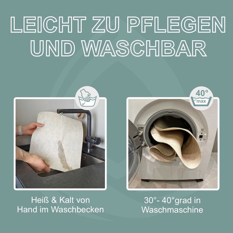 May include: Image showing care instructions for a washable item. The text reads "EASY TO CARE FOR AND WASHABLE." One image shows hand washing, the other shows a washing machine with a 40&deg;C max temperature. The item can be washed by hand or in a machine.