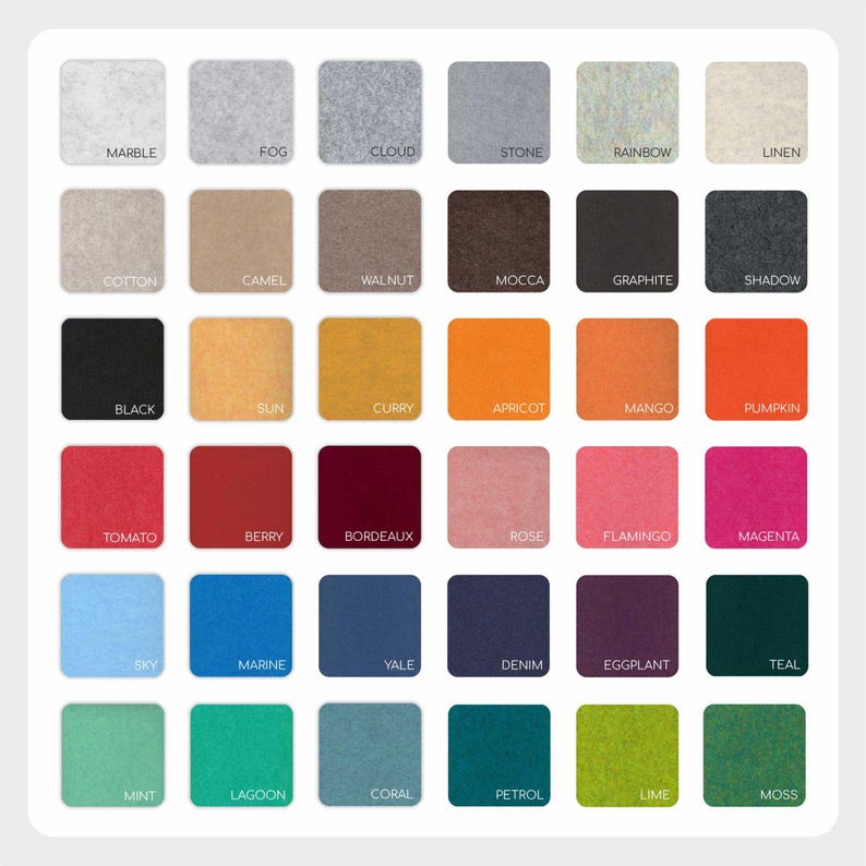 May include: A color chart featuring 36 square swatches, each labeled with a unique color name. Colors range from neutral tones like "Marble" and "Camel" to vibrant hues such as "Mango" and "Magenta". The chart is designed to showcase a variety of color options.
