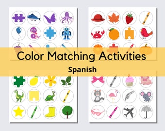 May include: Color matching activities in Spanish. Two pages of colorful images in circles, including a fish, butterfly, robot, lemon, flower, dinosaur, turtle, crayon, star, boot, tree, hat, leaf, strawberry, bird, crab, orange, pumpkin, bow, cupcake, pig, cat, flamingo, feather, mouse, sunglasses, airplane, and umbrella.