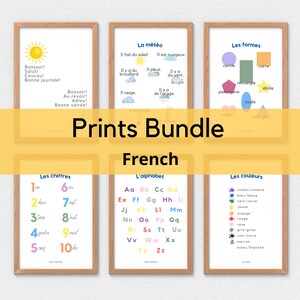 8 Print Bundle in French | Greetings, Alphabet, Numbers, Shapes, Colors, Weather, Days, Months, Bilingual Homeschool, Early Years, Printable