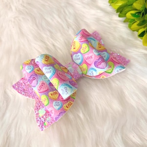 Valentine’s Glitter Bow, Conversation Heart Bow, Faux Leather Bows, Hair Bows for Girls, Hair Bows for Women
