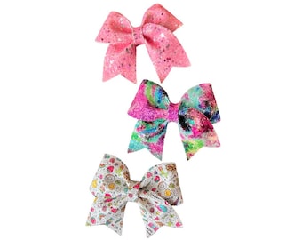 Glitter Faux Leather Hair Bow: Girls Alligator Clip (3.75 x 3.25”)