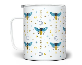 Celestial Bee Pattern Insulated Travel Coffee Mug, Spring Season Nature Cup, Mystical Moon Stars Cup, Bee Lover Gifts, Honeycomb Mug