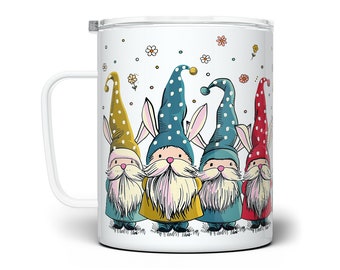 Gnome Bunnies Insulated Travel Coffee Mug with Lid, Cute Easter Cup, Floral Gnome Mug, Easter Gift for Kids Mom Daughter, Whimsical Mug