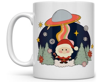 Retro Santa UFO Coffee Mug, Paranormal Holiday Cup, Trippy Santa Alien Mug, Winter Holiday Christmas Mug, Sci Fi Lover Gift