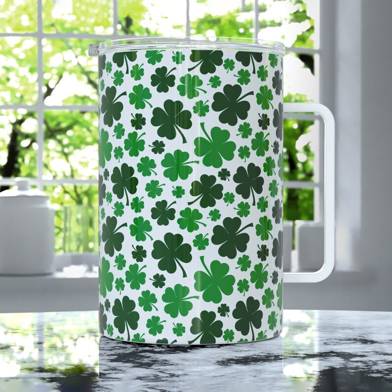 Shamrock Insulated Travel Coffee Mug with Lid, St Patrick's Day Cup,Four Leaf Clover Mug, Irish Gifts, Cute Spring Mug, Lucky Clover Tumbler image 5