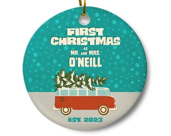 First Christmas as Mr and Mrs Ornament, Newlywed Ornament, Personalized Wedding Ornament, First Christmas Married Ornament, Retro Bus