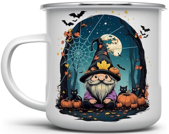 Halloween Gnome Enamel Camp Mug – Spooky Autumn Campfire Gift