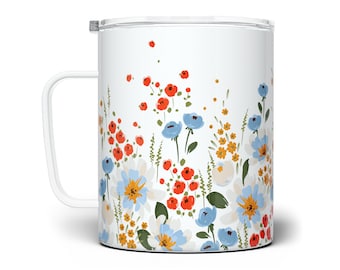 Floral Watercolor Insulated Travel Coffee Mug with Lid, Summer Spring Flower Tumbler, Floral Garden Mug