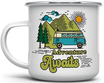 Adventure Awaits Campfire Mug: Retro Van Life, Nature Lover Gift