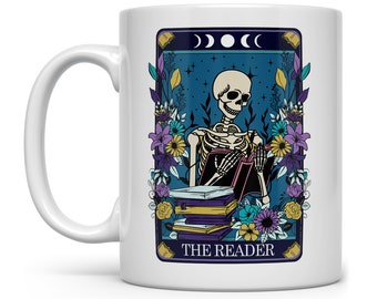 The Reader Tarot Mug, Reading Book Lover Mug, Gothic Skeleton Cup, Mystic Occult Mug, Witchy Bookish Cup, Tarot Card Mug, Bibliophile Gifts