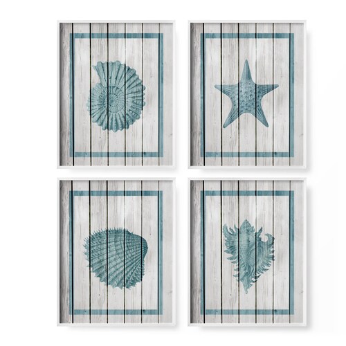 Seashell Art Nautical Sea Life Set 4 Set Rustic Beach Decor Etsy