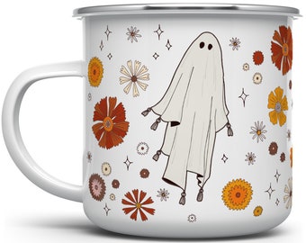Retro Floral Ghost Enamel Camp Mug: Spooky Halloween Coffee Mug