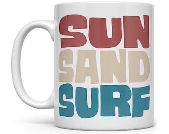 Retro Sun Sand Surf Mug, Surf Mug, Surfing Gift, Gift for Surfer, Beach Mug, Beach Lover Mug, Beach Lover Gift, Cool Mugs, Beach Coffee Mug