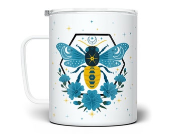 Celestial Bee Insulated Travel Coffee Mug with Lid, Spring Season Cup, Mystical Moon Stars Cup, Bee Lover Gifts, Floral Bee Mug