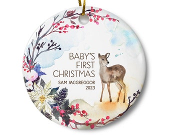 Personalized Baby's First Christmas Ornament, Baby Keepsake Ornament, Newborn Christmas, Baby Shower Gift, Woodland Deer Ornament