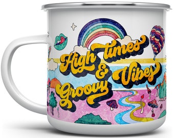 Psychedelic Trippy Retro Campfire Coffee Mug, Bohemian Wanderlust Camp Mug, High Times Groovy Vibes Camping Mug, Hippie Mushroom Mug