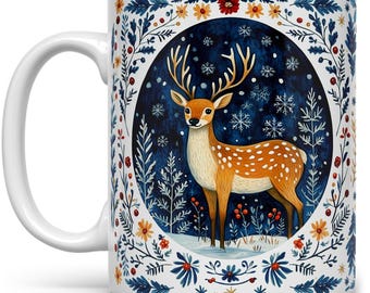 Winter Deer Ceramic Coffee Mug, Woodland Christmas Gift