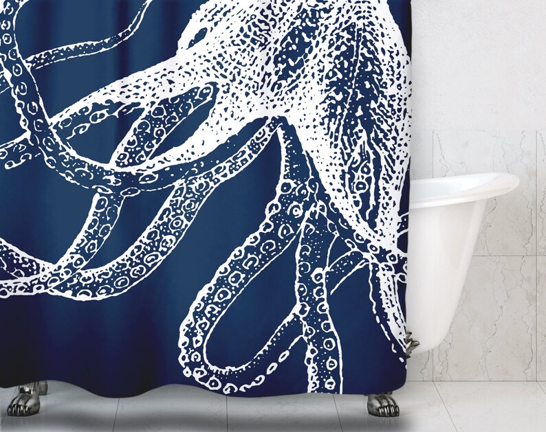 Navy Blue Octopus Shower Curtain Nautical Shower Curtain Etsy