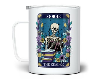 The Reader Tarot Card Insulated Mug: Gothic Skeleton Bookish Cup