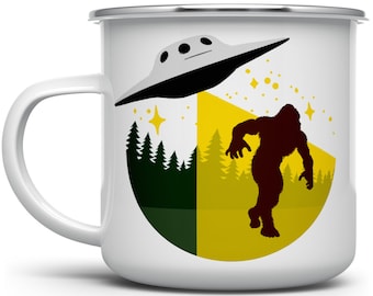 Bigfoot UFO Abduction Enamel Camp Mug