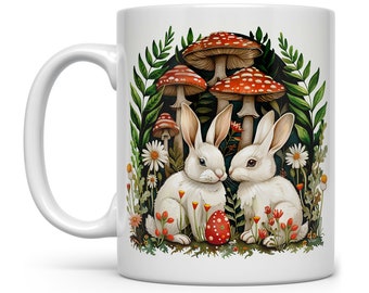 Woodland Bunnies Coffee Mug, Easter Cup, Whimsical Mushroom Nature Mug, Cottagecore Mug, Spring Season Mug, Easter Gifts, Rabbit Mug