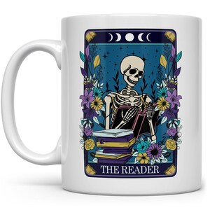 The Reader Tarot Mug, Reading Book Lover Mug, Gothic Skeleton Cup, Mystic Occult Mug, Witchy Bookish Cup, Tarot Card Mug, Bibliophile Gifts
