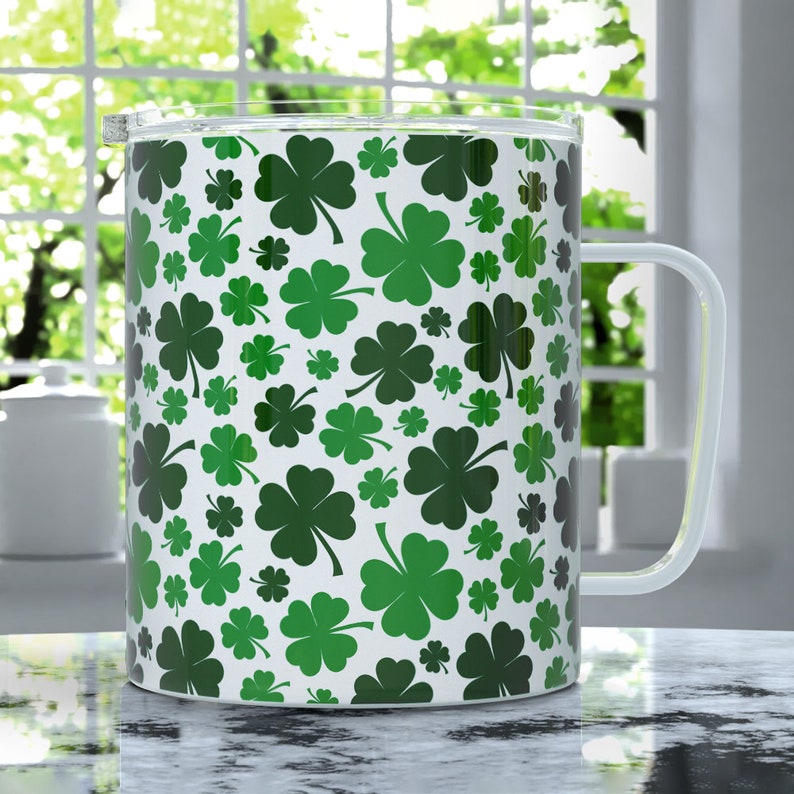 Shamrock Insulated Travel Coffee Mug with Lid, St Patrick's Day Cup,Four Leaf Clover Mug, Irish Gifts, Cute Spring Mug, Lucky Clover Tumbler image 2