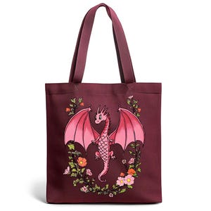 Floral Dragon Tote Bag • Whimsical Cottagecore Canvas Bag • Fantasy Nature Lover Gift • 100% Cotton • 15x16 in