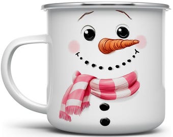 Cute Winter Snowman Enamel Camp Mug, Festive Holiday Christmas Campfire Camping Cup