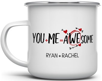 Personalized You and Me Equals Awesome Enamel Camp Mug, Valentines Day Mug, Gift for Girlfriend Boyfriend Husband Wife Engagement, Love Mug