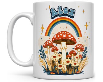 Personalized Retro Name Mug, Custom Floral Mushroom Name Mug, Gift for Friend Mom Women