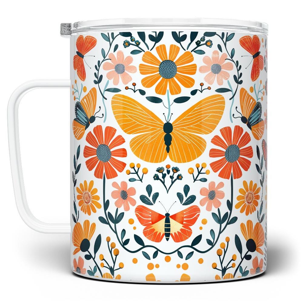 Floral Butterfly Insulated Coffee Mug with Lid, Nature Flower Cup, Botanical Garden Gift for Her, Mom, Daughter, Friend