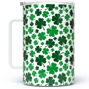 Shamrock Insulated Travel Coffee Mug with Lid, St Patrick's Day Cup,Four Leaf Clover Mug, Irish Gifts, Cute Spring Mug, Lucky Clover Tumbler 18 Fluid ounces