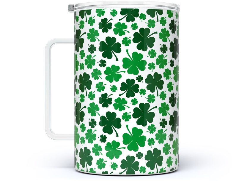 Shamrock Insulated Travel Coffee Mug with Lid, St Patrick's Day Cup,Four Leaf Clover Mug, Irish Gifts, Cute Spring Mug, Lucky Clover Tumbler 18 Fluid ounces