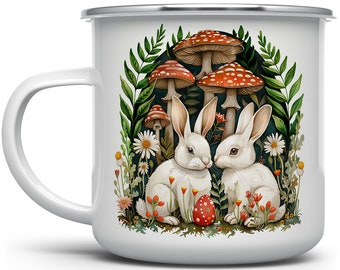 Woodland Bunnies Coffee Camp Mug, Forest Mushroom Rabbit Cup, Cottagecore Nature Camping Mug, Spring Easter Mug, Easter Gift