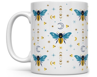 Celestial Bee Pattern Coffee Mug, Spring Honey Bee Cup, Nature Mug, Moon Stars Cup, Bee Lover Gifts, Mystical Mug