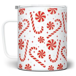 Candy Cane Christmas Travel Coffee Mug, Insulated Holiday Cup with Lid, Christmas Tumbler, Winter Mug, Cute Peppermint Candy Mug