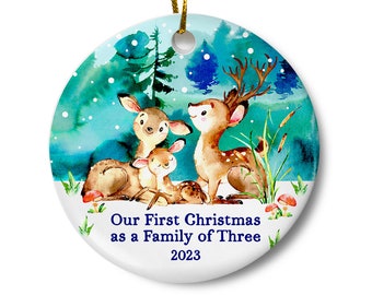 First Christmas as a Family of Three Ornament, New Parents Christmas Ornament, Deer Woodland Christmas Tree Ornament, New Baby Gift