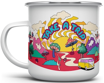 Take a Trip Psychedelic Retro Campfire Coffee Mug, Bohemian Wanderlust Travel Camp Mug, Hippie Trippy Mushroom Mug, Van Life Camper Cup