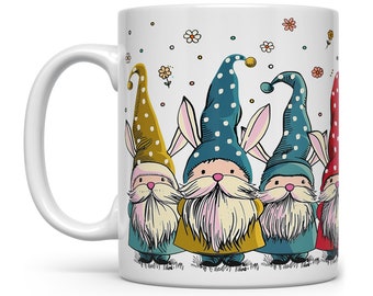 Gnome Bunnies Coffee Mug, Easter Cup, Whimsical Mug, Spring Season Mug, Gift for Kids Friend Mom