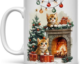 Christmas Kittens Ceramic Coffee Mug: Cozy Holiday Cat Lover Gift