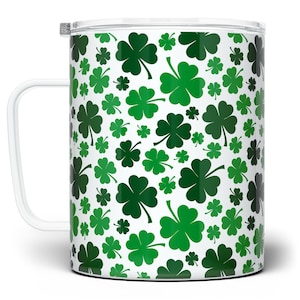 Shamrock Insulated Travel Coffee Mug with Lid, St Patrick's Day Cup,Four Leaf Clover Mug, Irish Gifts, Cute Spring Mug, Lucky Clover Tumbler 12 Fluid ounces