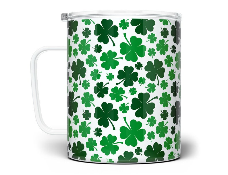 Shamrock Insulated Travel Coffee Mug with Lid, St Patrick's Day Cup,Four Leaf Clover Mug, Irish Gifts, Cute Spring Mug, Lucky Clover Tumbler 12 Fluid ounces