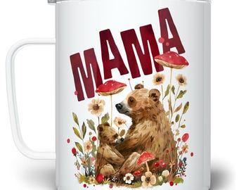 Woodland Mama Bear Insulated Coffee Mug, Nature Forest Mother's Day Cup, Mom Birthday Gift