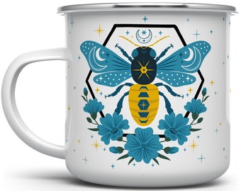 Celestial Bee Coffee Camp Mug, Honey Bee Floral Cup, Mystical Moon Stars Camping Mug, Spring Season Mug, Bee Lover Gifts