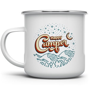 Happy Camper Enamel Camp Mug, Retro Camping Mug, Nature Lover Camp Coffee Mug, Outdoor Mug, Mountain Mug, Hiking Mug, Campfire Mug
