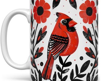 Cardinal Bird Ceramic Coffee Mug: Floral Nature Tea Cup