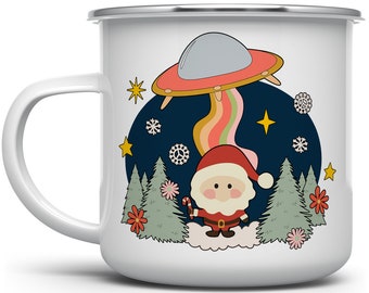 Santa UFO Christmas Camp Mug, Retro Groovy Sci Fi Holiday Mug, Fun Holiday Campfire Mug, Paranormal Winter Cup, Cute Santa Mug