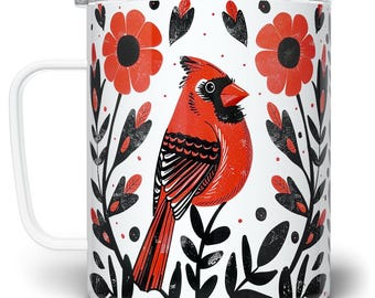 Floral Cardinal Bird Insulated Coffee Mug with Lid